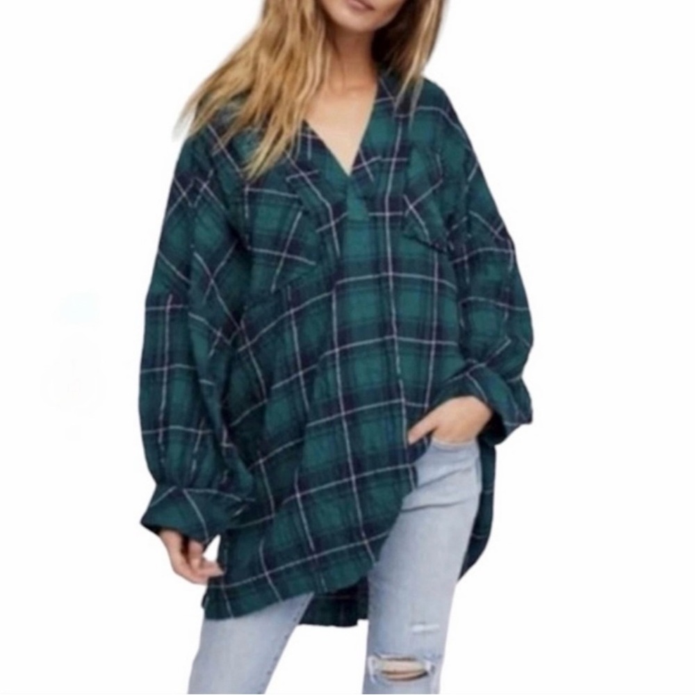 Free People Intimately Not Your Boyfriend’s Plaid Oversized Top~Green/Blue ~ XS - Picture 1 of 16